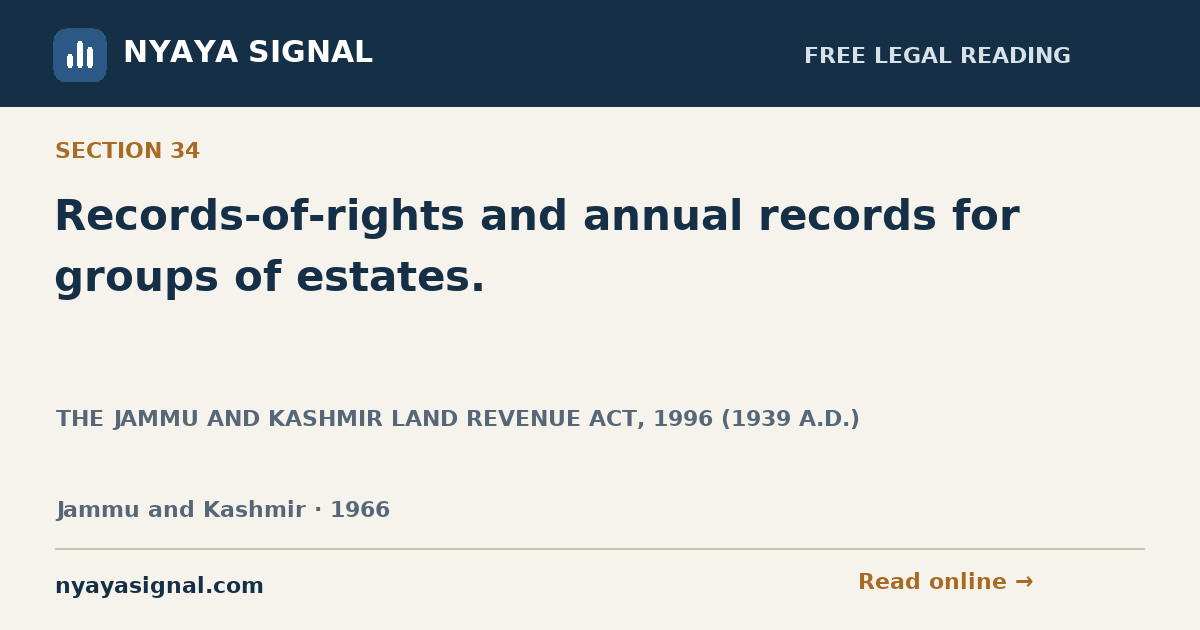 Section 34 — Records-of-rights and annual records for groups of estates. | THE JAMMU AND KASHMIR LAND REVENUE ACT, 1996 (1939 A.D.) | NYAYA SIGNAL