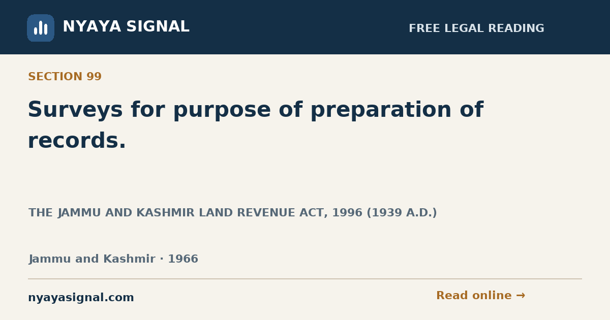 Section 99 — Surveys for purpose of preparation of records. | THE JAMMU AND KASHMIR LAND REVENUE ACT, 1996 (1939 A.D.) | NYAYA SIGNAL