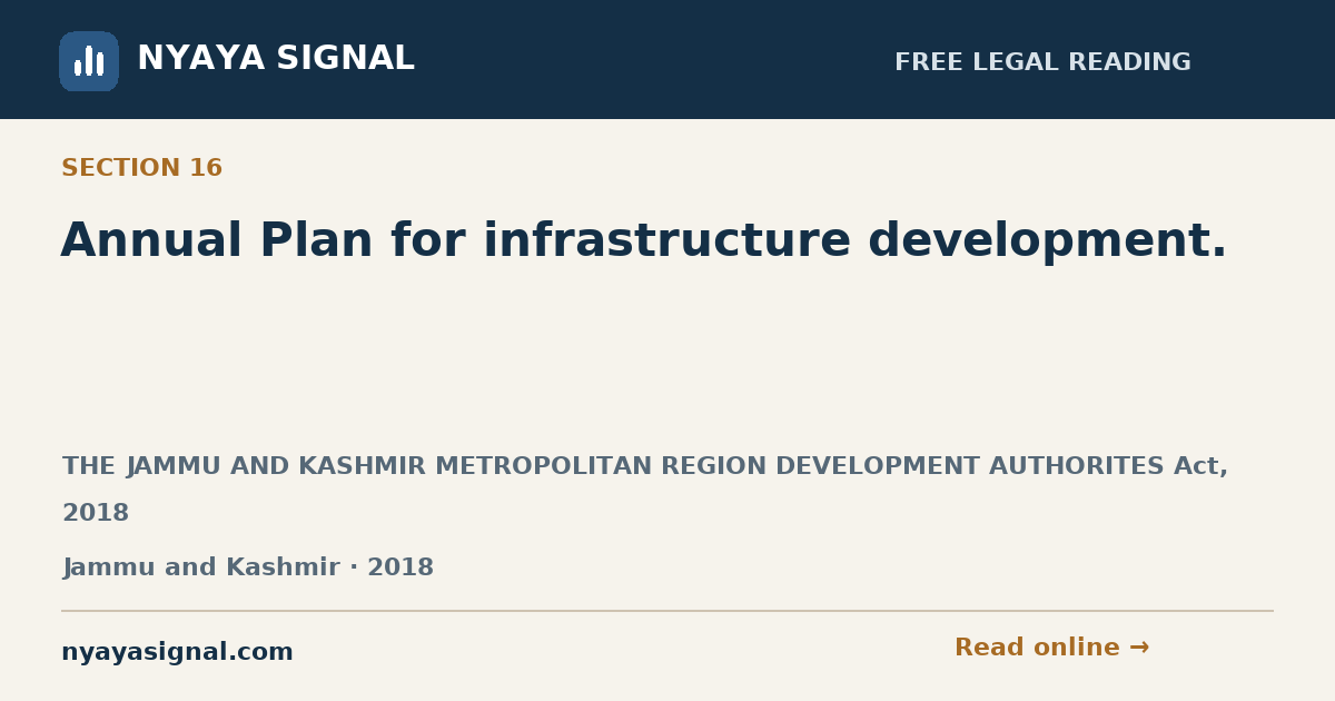 Section 16 — Annual Plan for infrastructure development. | THE JAMMU AND KASHMIR METROPOLITAN REGION DEVELOPMENT AUTHORITES Act, 2018 | NYAYA SIGNAL