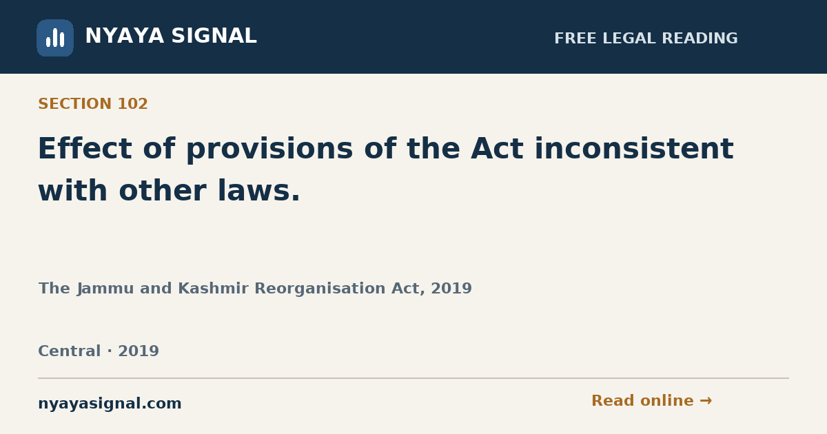Section 102 — Effect of provisions of the Act inconsistent with other laws. | The Jammu and Kashmir Reorganisation Act, 2019 | NYAYA SIGNAL