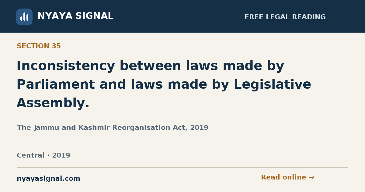 Section 35 — Inconsistency between laws made by Parliament and laws made by Legislative Assembly. | The Jammu and Kashmir Reorganisation Act, 2019 | NYAYA SIGNAL