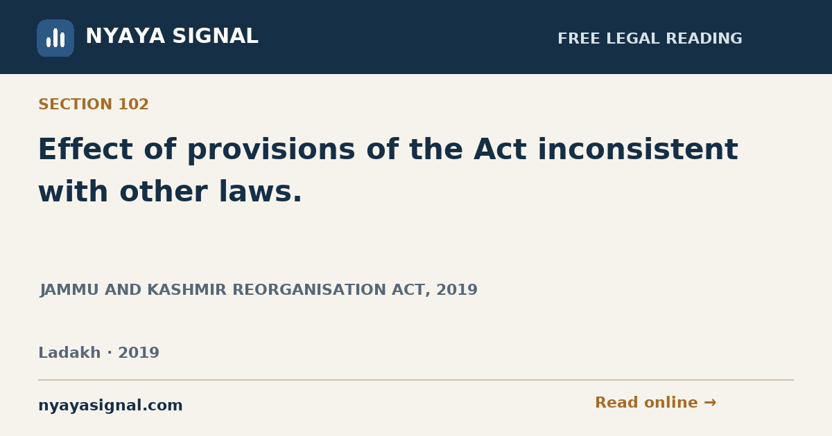 Section 102 — Effect of provisions of the Act inconsistent with other laws. | JAMMU AND KASHMIR REORGANISATION ACT, 2019 | NYAYA SIGNAL