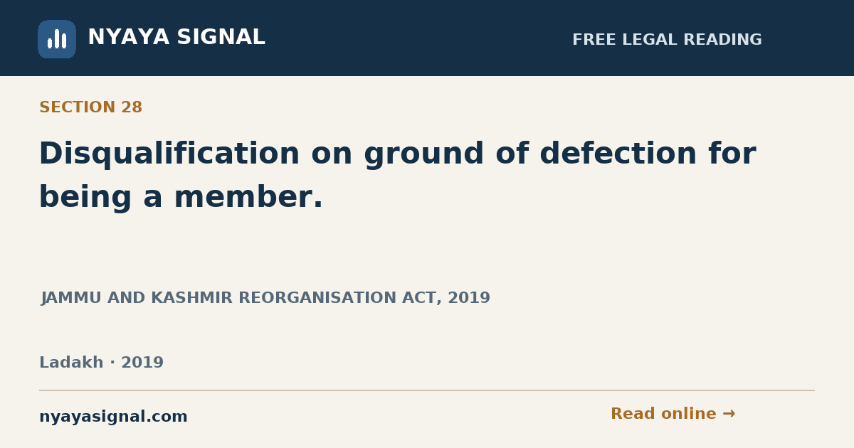 Section 28 — Disqualification on ground of defection for being a member. | JAMMU AND KASHMIR REORGANISATION ACT, 2019 | NYAYA SIGNAL