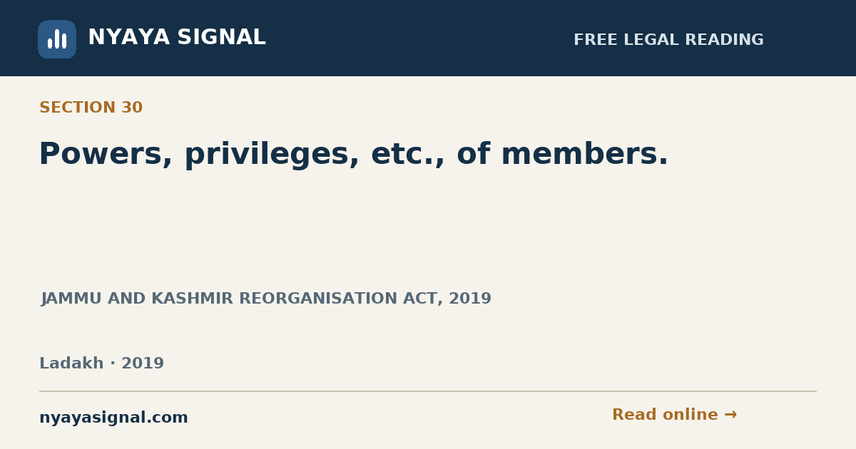 Section 30 — Powers, privileges, etc., of members. | JAMMU AND KASHMIR REORGANISATION ACT, 2019 | NYAYA SIGNAL