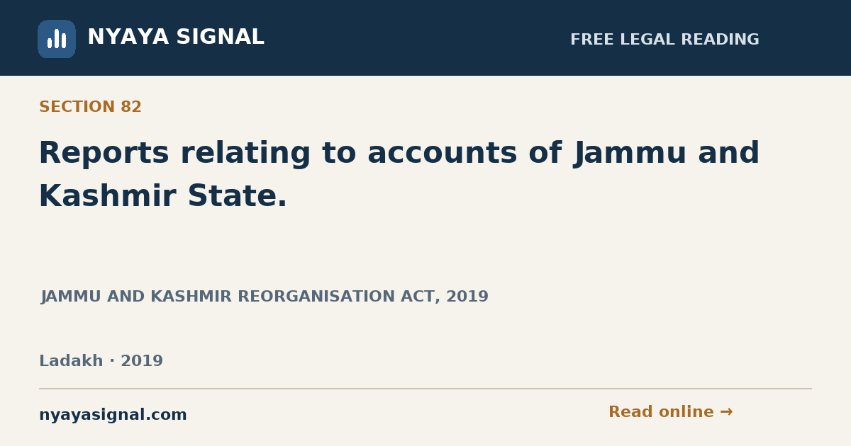 Section 82 — Reports relating to accounts of Jammu and Kashmir State. | JAMMU AND KASHMIR REORGANISATION ACT, 2019 | NYAYA SIGNAL