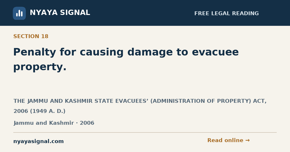 Section 18 — Penalty for causing damage to evacuee property. | THE JAMMU AND KASHMIR STATE EVACUEES’ (ADMINISTRATION OF PROPERTY) ACT, 2006 (1949 A. D.) | NYAYA SIGNAL