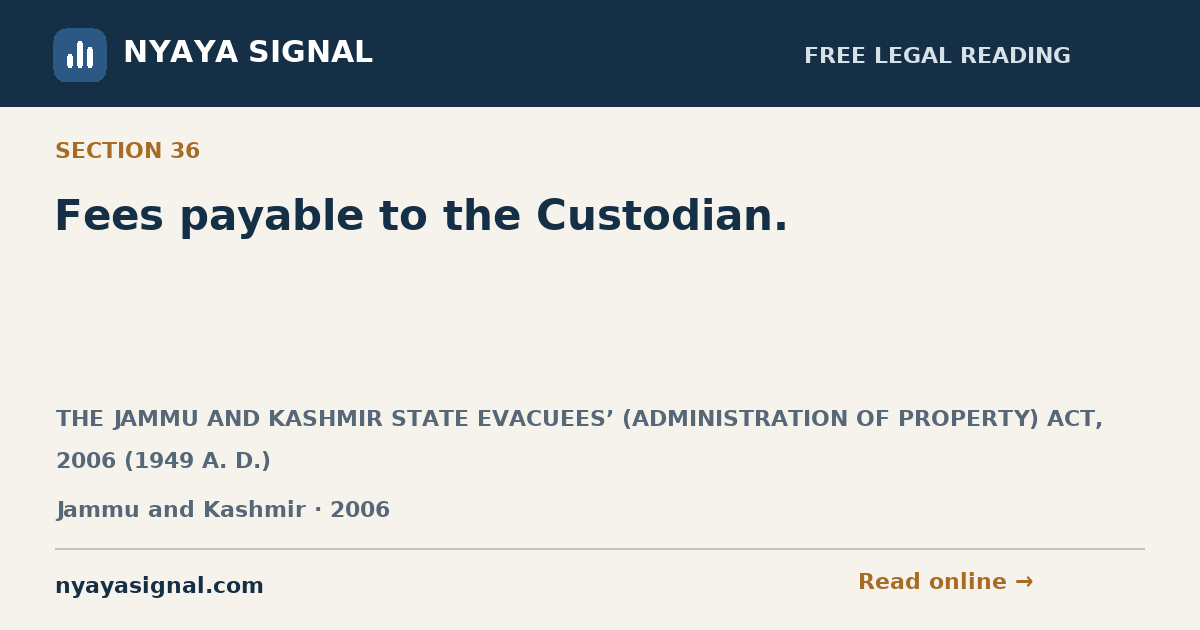 Section 36 — Fees payable to the Custodian. | THE JAMMU AND KASHMIR STATE EVACUEES’ (ADMINISTRATION OF PROPERTY) ACT, 2006 (1949 A. D.) | NYAYA SIGNAL