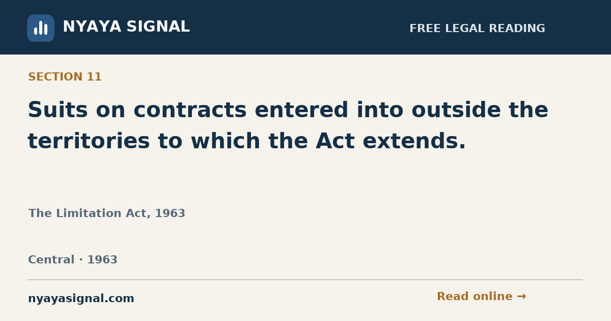 Section 11 — Suits on contracts entered into outside the territories to which the Act extends. | The Limitation Act, 1963 | NYAYA SIGNAL
