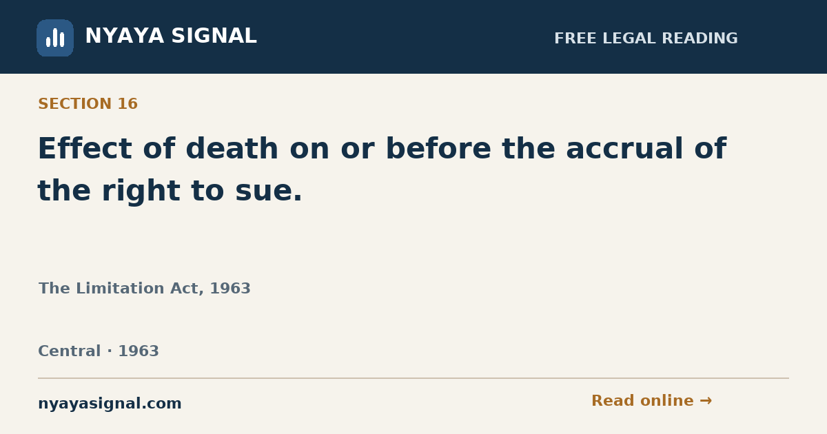 Section 16 — Effect of death on or before the accrual of the right to sue. | The Limitation Act, 1963 | NYAYA SIGNAL