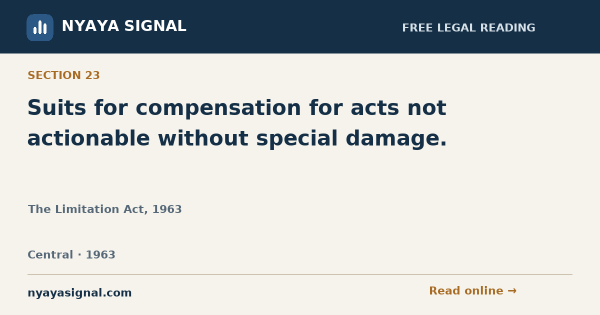 Section 23 — Suits for compensation for acts not actionable without special damage. | The Limitation Act, 1963 | NYAYA SIGNAL