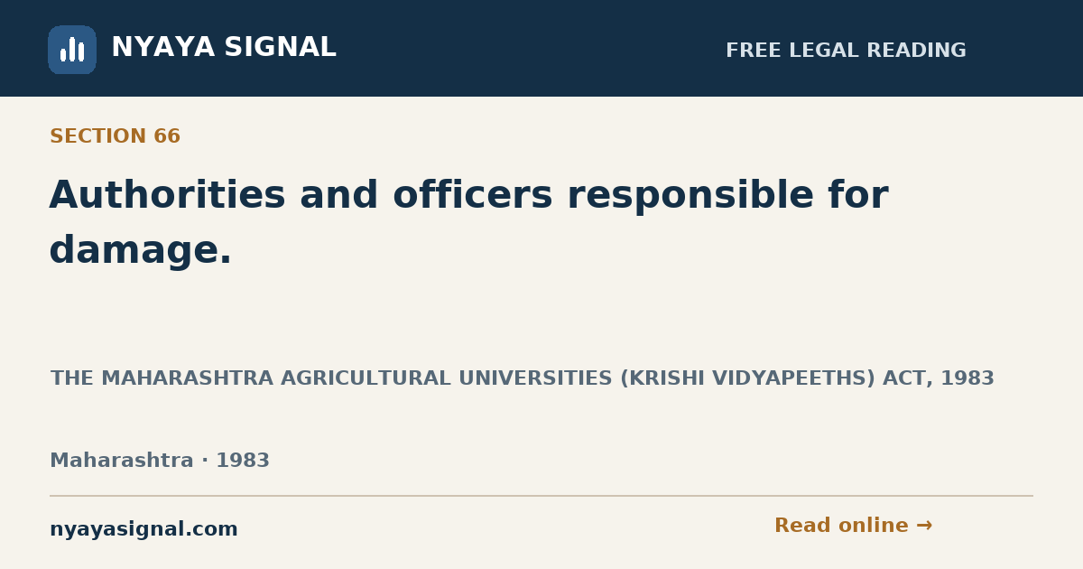 Section 66 — Authorities and officers responsible for damage. | THE MAHARASHTRA AGRICULTURAL UNIVERSITIES (KRISHI VIDYAPEETHS) ACT, 1983 | NYAYA SIGNAL