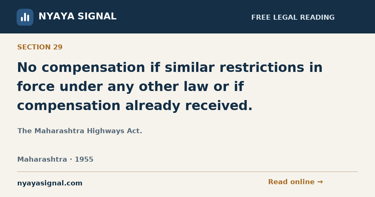 Section 29 — No compensation if similar restrictions in force under any other law or if compensation already received. | The Maharashtra Highways Act. | NYAYA SIGNAL