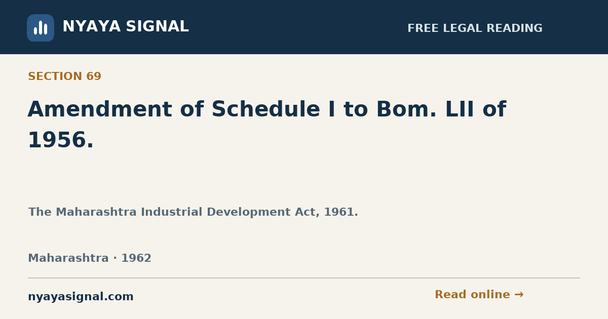 Section 69 — Amendment of Schedule I to Bom. LII of 1956. | The Maharashtra Industrial Development Act, 1961. | NYAYA SIGNAL