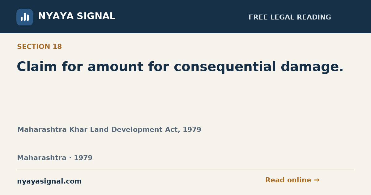 Section 18 — Claim for amount for consequential damage. | Maharashtra Khar Land Development Act, 1979 | NYAYA SIGNAL