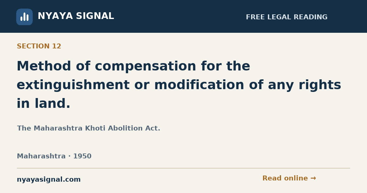 Section 12 — Method of compensation for the extinguishment or modification of any rights in land. | The Maharashtra Khoti Abolition Act. | NYAYA SIGNAL
