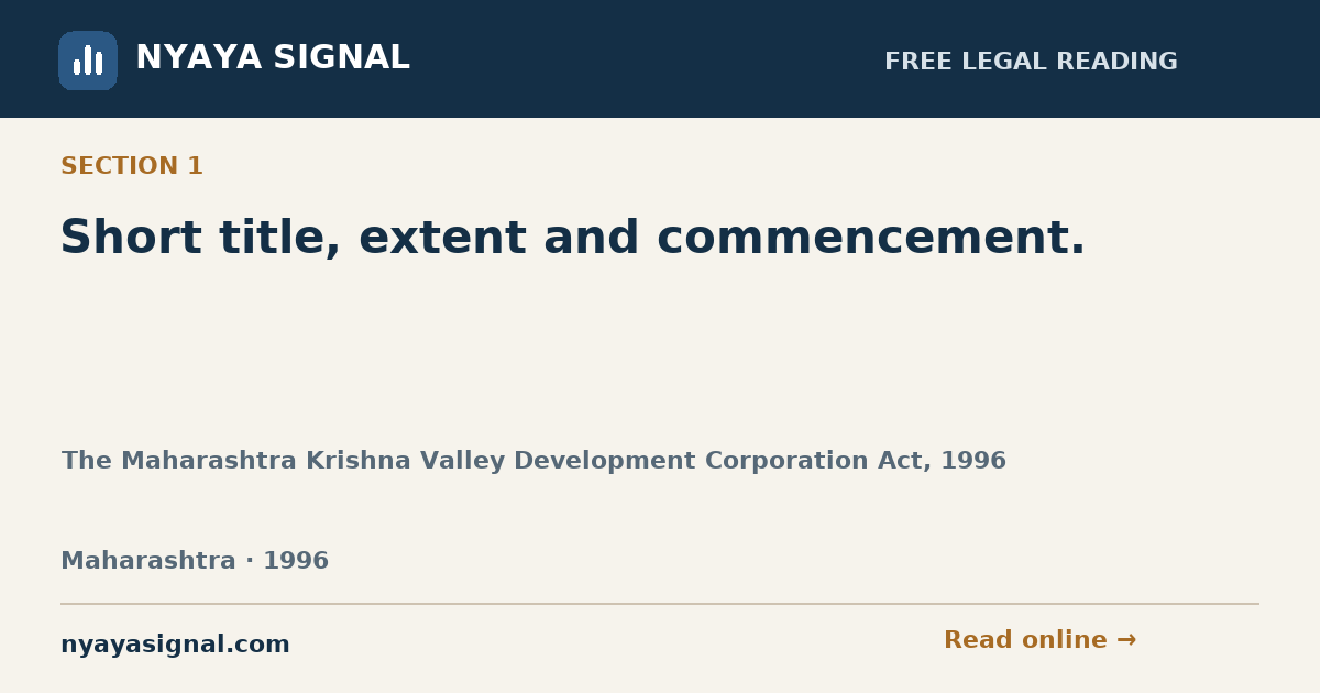 Section 1 — Short title, extent and commencement. | The Maharashtra Krishna Valley Development Corporation Act, 1996 | NYAYA SIGNAL