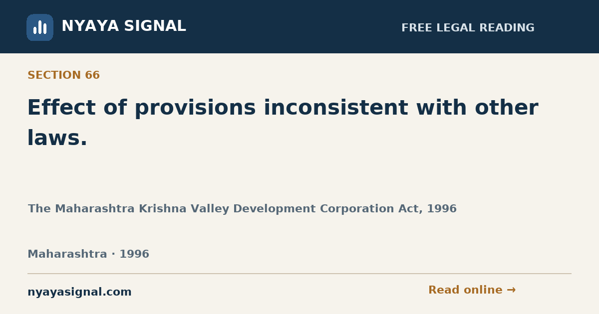 Section 66 — Effect of provisions inconsistent with other laws. | The Maharashtra Krishna Valley Development Corporation Act, 1996 | NYAYA SIGNAL