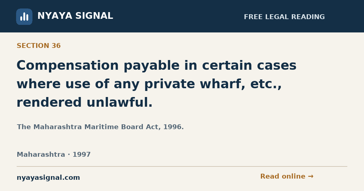 Section 36 — Compensation payable in certain cases where use of any private wharf, etc., rendered unlawful. | The Maharashtra Maritime Board Act, 1996. | NYAYA SIGNAL