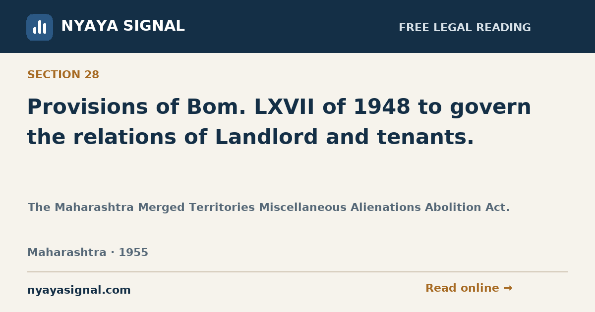 Section 28 — Provisions of Bom. LXVII of 1948 to govern the relations of Landlord and tenants. | The Maharashtra Merged Territories Miscellaneous Alienations Abolition Act. | NYAYA SIGNAL