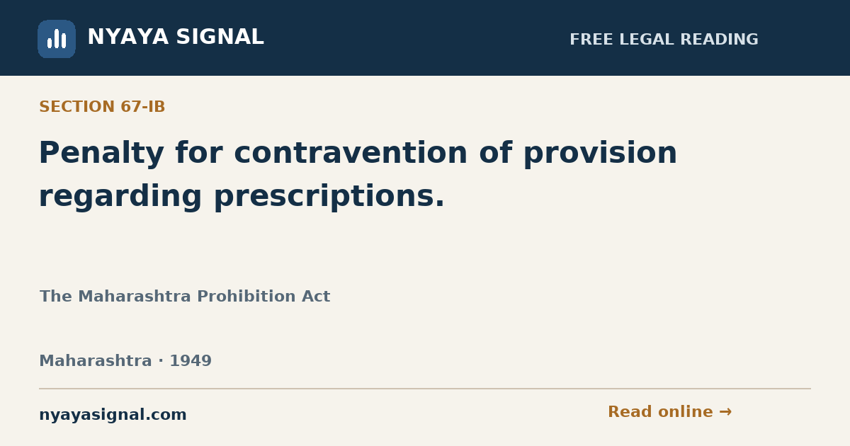 Section 67-IB — Penalty for contravention of provision regarding prescriptions. | The Maharashtra Prohibition Act | NYAYA SIGNAL