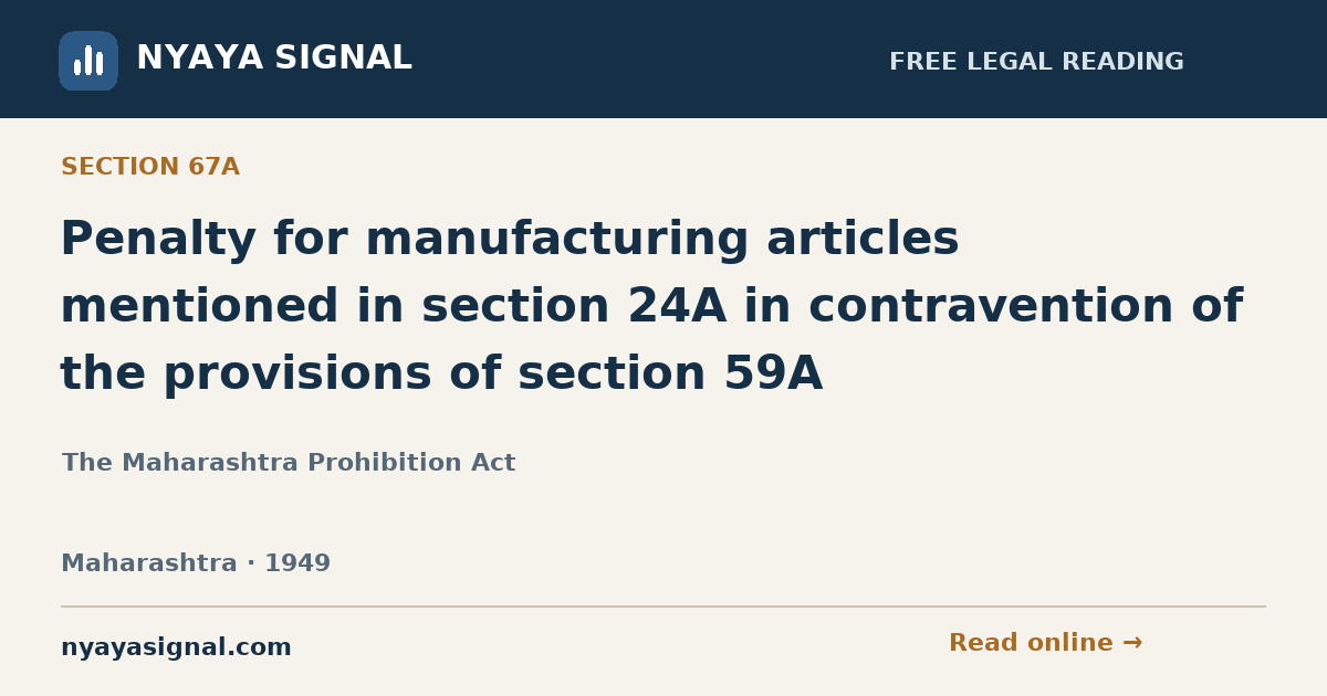 Section 67A — Penalty for manufacturing articles mentioned in section 24A in contravention of the provisions of section 59A | The Maharashtra Prohibition Act | NYAYA SIGNAL