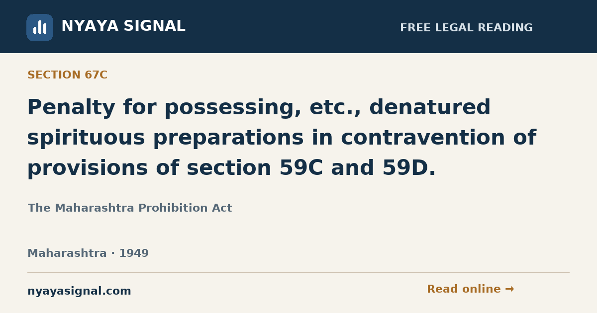 Section 67C — Penalty for possessing, etc., denatured spirituous preparations in contravention of provisions of section 59C and 59D. | The Maharashtra Prohibition Act | NYAYA SIGNAL
