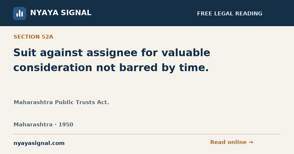 Section 52A — Suit against assignee for valuable consideration not barred by time. | Maharashtra Public Trusts Act. | NYAYA SIGNAL