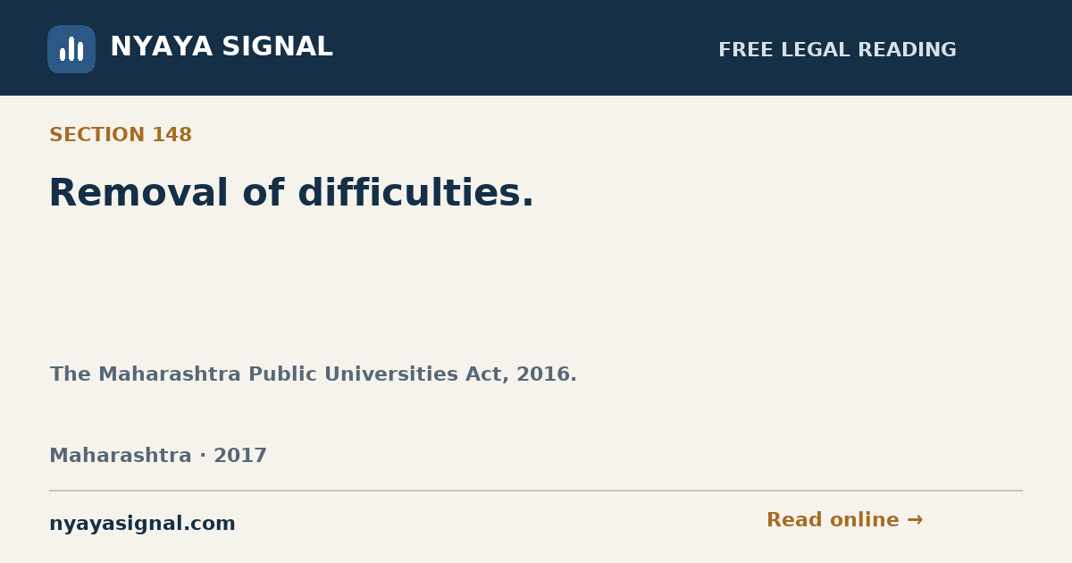 Section 148 — Removal of difficulties. | The Maharashtra Public Universities Act, 2016. | NYAYA SIGNAL