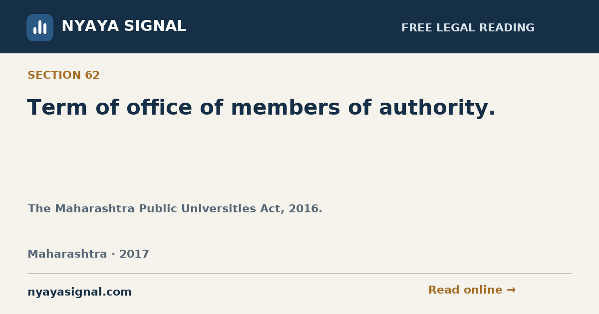 Section 62 — Term of office of members of authority. | The Maharashtra Public Universities Act, 2016. | NYAYA SIGNAL