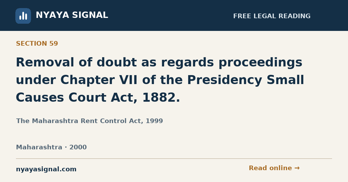 Section 59 — Removal of doubt as regards proceedings under Chapter VII of the Presidency Small Causes Court Act, 1882. | The Maharashtra Rent Control Act, 1999 | NYAYA SIGNAL
