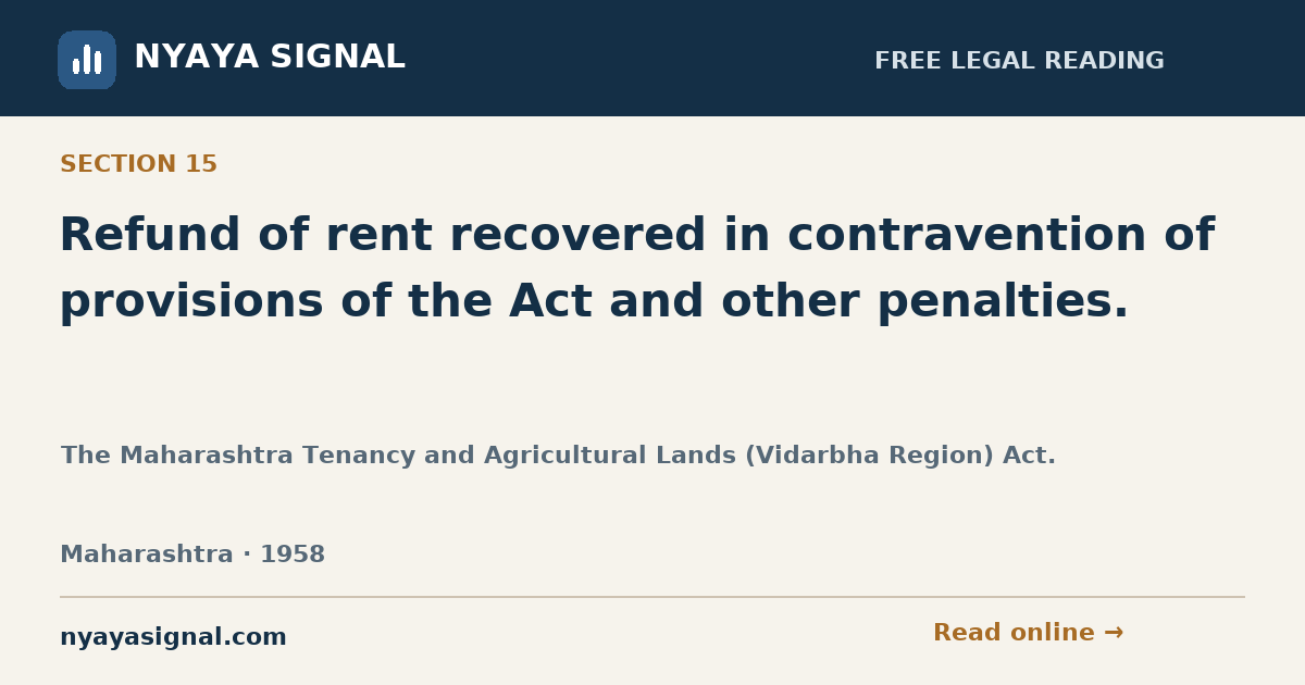 Section 15 — Refund of rent recovered in contravention of provisions of the Act and other penalties. | The Maharashtra Tenancy and Agricultural Lands (Vidarbha Region) Act. | NYAYA SIGNAL