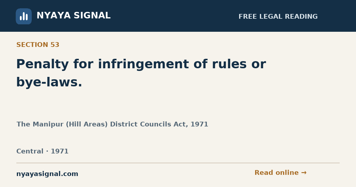 Section 53 — Penalty for infringement of rules or bye-laws. | The Manipur (Hill Areas) District Councils Act, 1971 | NYAYA SIGNAL