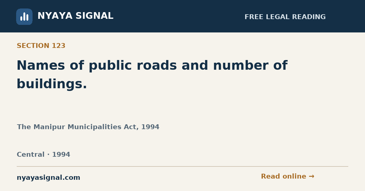 Section 123 — Names of public roads and number of buildings. | The Manipur Municipalities Act, 1994 | NYAYA SIGNAL