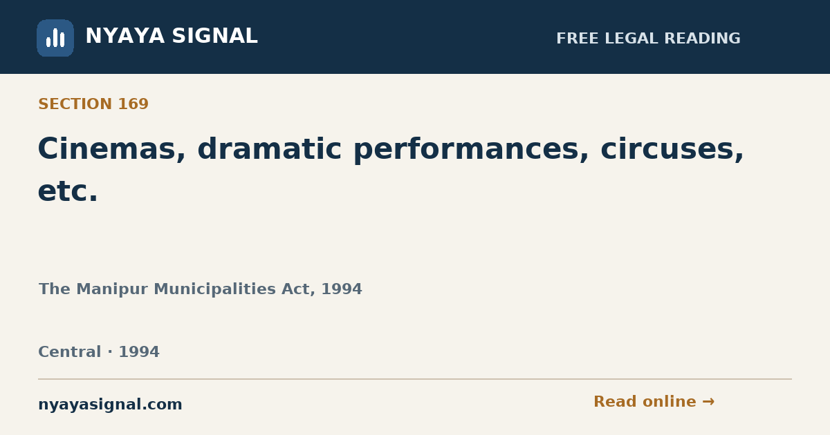 Section 169 — Cinemas, dramatic performances, circuses, etc. | The Manipur Municipalities Act, 1994 | NYAYA SIGNAL