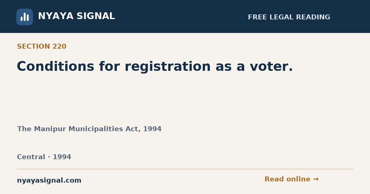 Section 220 — Conditions for registration as a voter. | The Manipur Municipalities Act, 1994 | NYAYA SIGNAL
