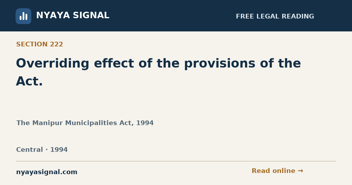 Section 222 — Overriding effect of the provisions of the Act. | The Manipur Municipalities Act, 1994 | NYAYA SIGNAL