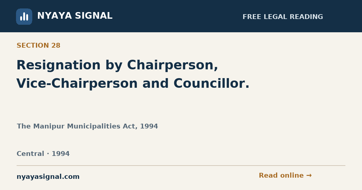 Section 28 — Resignation by Chairperson, Vice-Chairperson and Councillor. | The Manipur Municipalities Act, 1994 | NYAYA SIGNAL