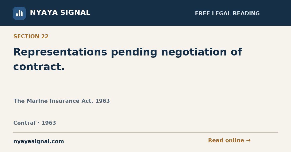 Section 22 — Representations pending negotiation of contract. | The Marine Insurance Act, 1963 | NYAYA SIGNAL