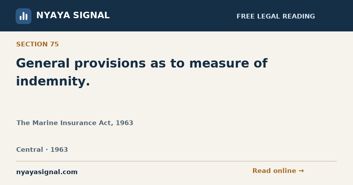 Section 75 — General provisions as to measure of indemnity. | The Marine Insurance Act, 1963 | NYAYA SIGNAL