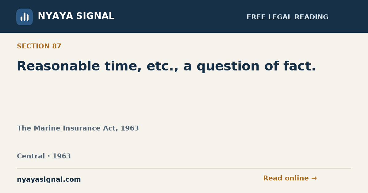 Section 87 — Reasonable time, etc., a question of fact. | The Marine Insurance Act, 1963 | NYAYA SIGNAL