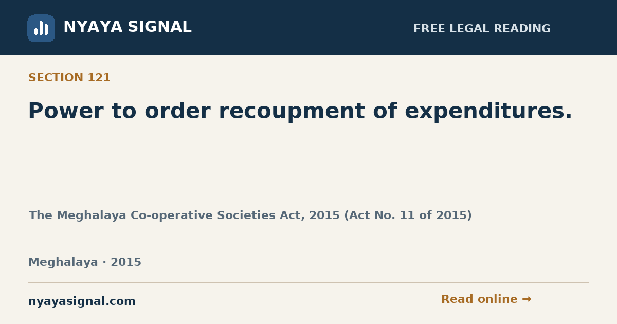 Section 121 — Power to order recoupment of expenditures. | The Meghalaya Co-operative Societies Act, 2015 (Act No. 11 of 2015) | NYAYA SIGNAL