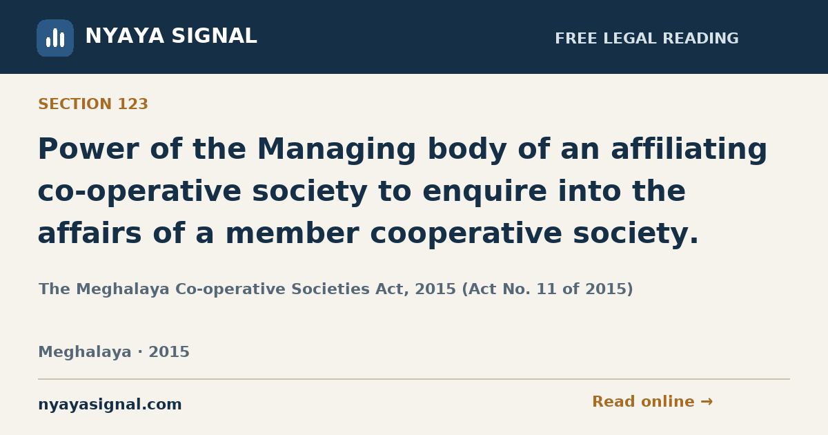 Section 123 — Power of the Managing body of an affiliating co-operative society to enquire into the affairs of a member cooperative society. | The Meghalaya Co-operative Societies Act, 2015 (Act No. 11 of 2015) | NYAYA SIGNAL