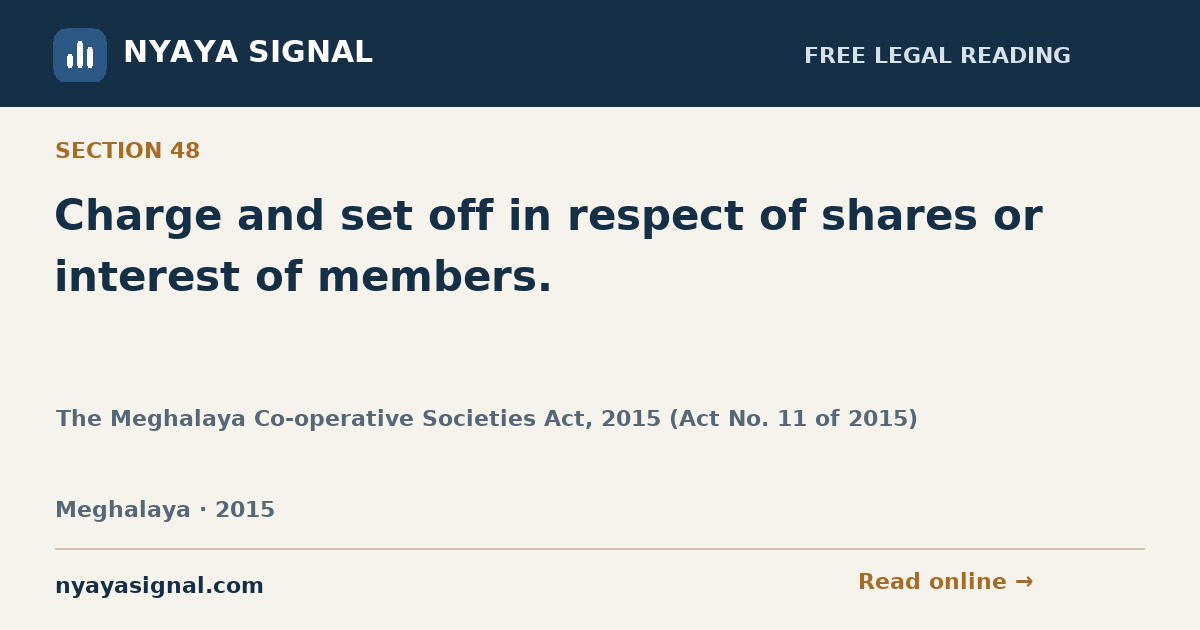 Section 48 — Charge and set off in respect of shares or interest of members. | The Meghalaya Co-operative Societies Act, 2015 (Act No. 11 of 2015) | NYAYA SIGNAL