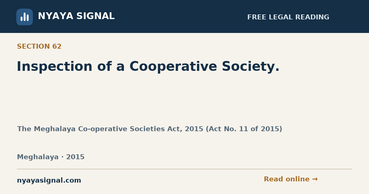 Section 62 — Inspection of a Cooperative Society. | The Meghalaya Co-operative Societies Act, 2015 (Act No. 11 of 2015) | NYAYA SIGNAL
