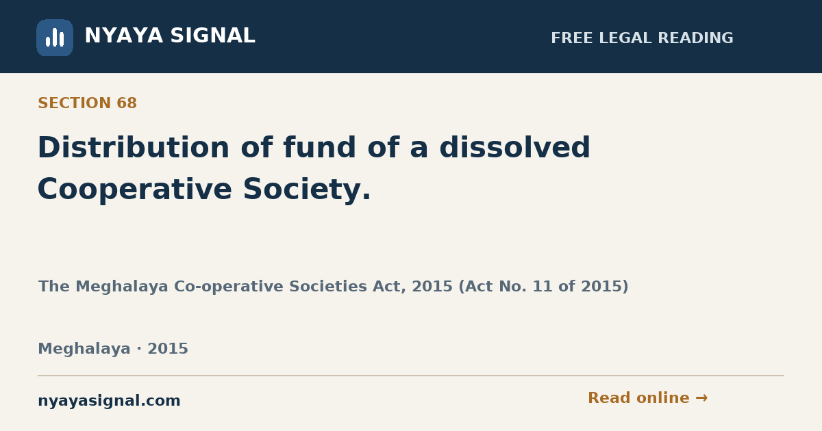 Section 68 — Distribution of fund of a dissolved Cooperative Society. | The Meghalaya Co-operative Societies Act, 2015 (Act No. 11 of 2015) | NYAYA SIGNAL