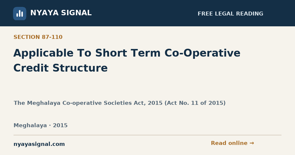 Section 87-110 — Applicable To Short Term Co-Operative Credit Structure | The Meghalaya Co-operative Societies Act, 2015 (Act No. 11 of 2015) | NYAYA SIGNAL