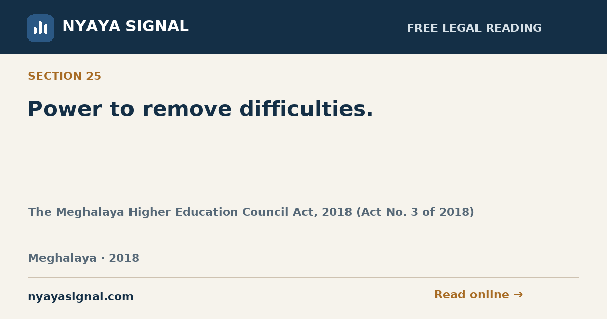 Section 25 — Power to remove difficulties. | The Meghalaya Higher Education Council Act, 2018 (Act No. 3 of 2018) | NYAYA SIGNAL