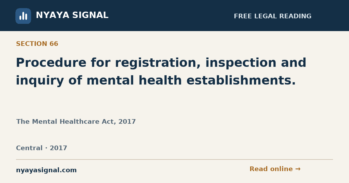 Section 66 — Procedure for registration, inspection and inquiry of mental health establishments. | The Mental Healthcare Act, 2017 | NYAYA SIGNAL