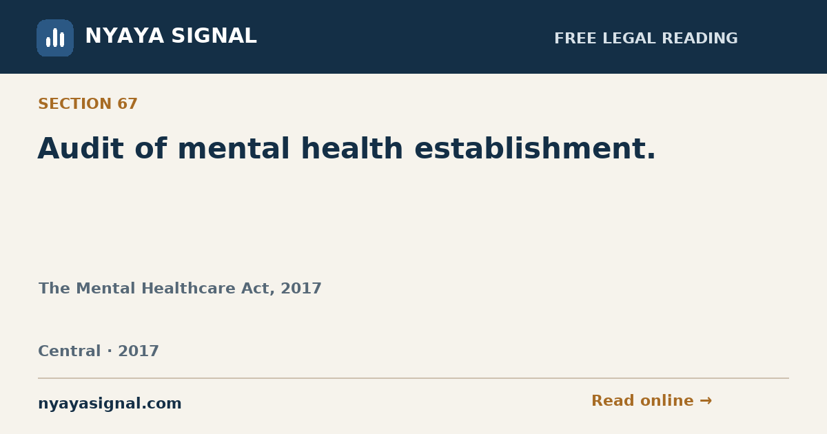 Section 67 — Audit of mental health establishment. | The Mental Healthcare Act, 2017 | NYAYA SIGNAL