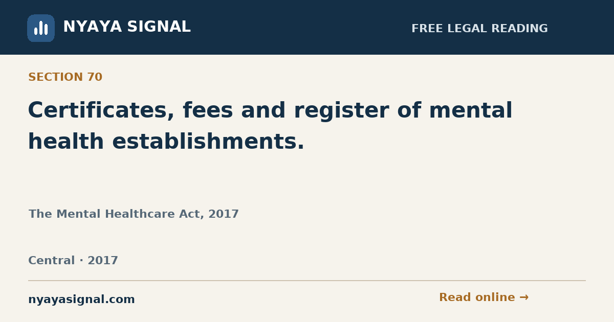 Section 70 — Certificates, fees and register of mental health establishments. | The Mental Healthcare Act, 2017 | NYAYA SIGNAL